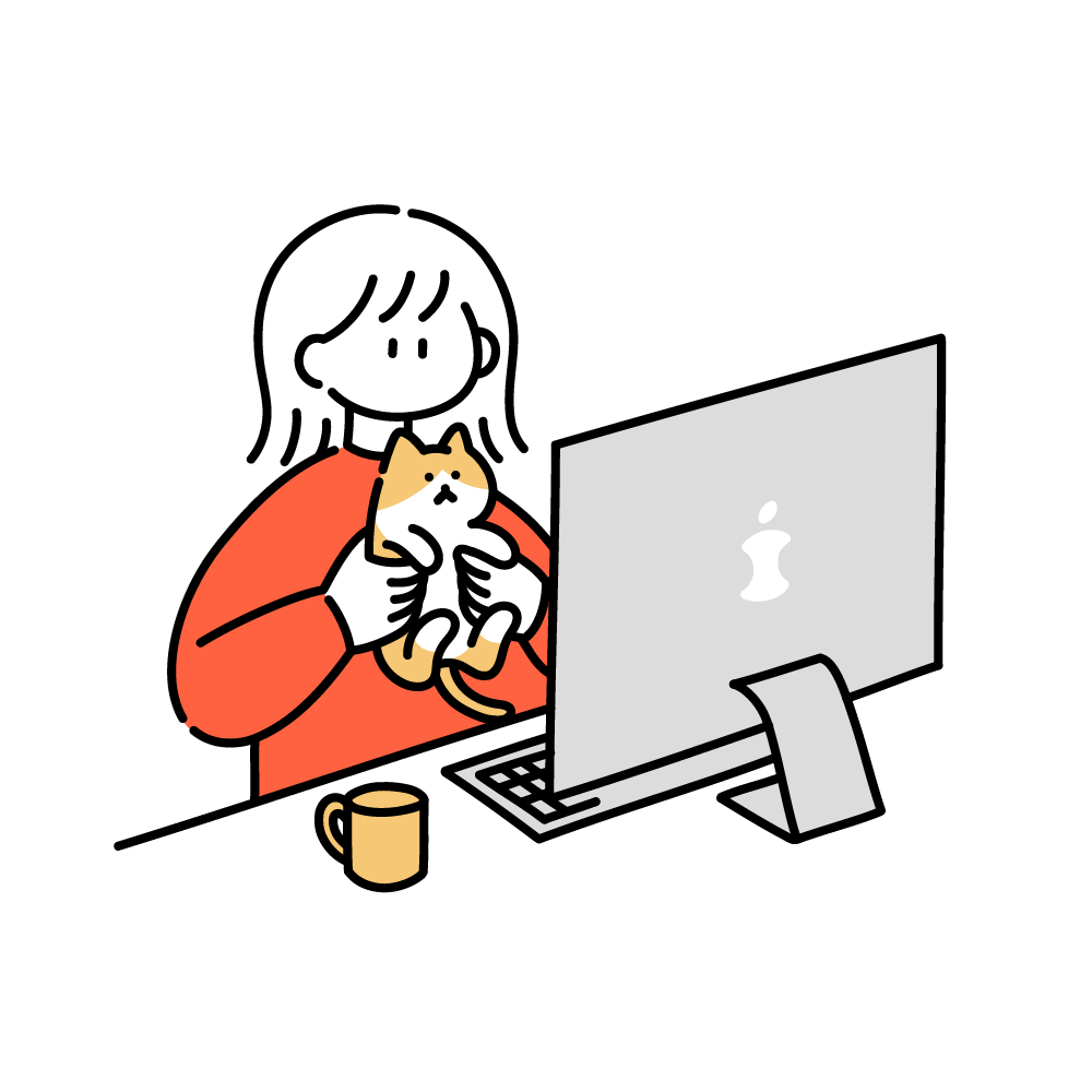 猫とパソコン操作する女性
